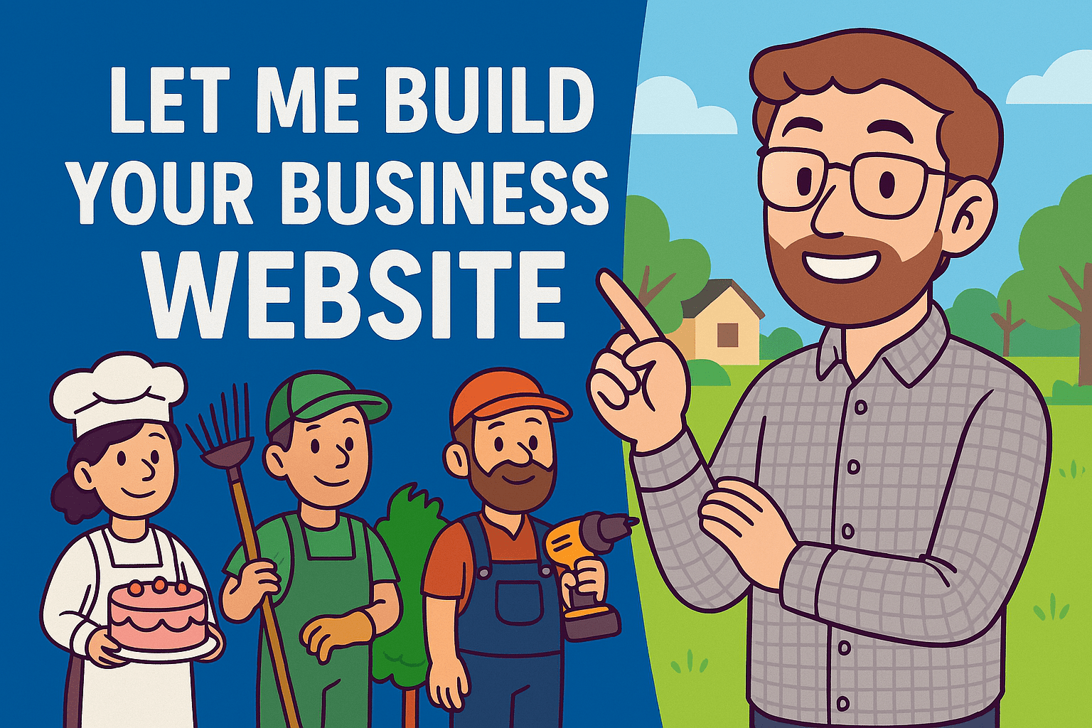 Illustration of business owners including a baker, landscaper, and contractor, with a web developer ready to help build their websites